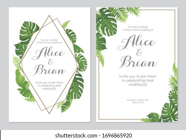 Wedding invitations set. Cards with tropical green leaves design. Floral geometric border. Vector illustration.