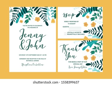 Wedding Invitations, set of different cards, thank you and rsvp. Hand drawn vector flowers, trendy design. 