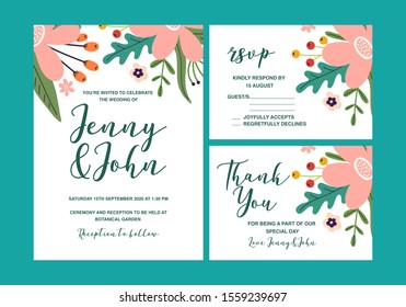 Wedding Invitations, set of different cards, thank you and rsvp. Hand drawn vector flowers, trendy design. 