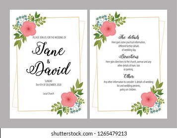 Wedding invitations set with flowers vector illustration. Design of cards, invitations, greetings for wedding.