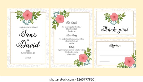 Wedding invitations set with flowers vector illustration. Design of cards, invitations, greetings for wedding.
