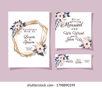 Wedding invitations set with gold ornament frames and white flowers with leaves on purple background design, Save the date and engagement theme Vector illustration