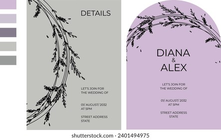 wedding invitations set with lavender flowers. Romantic tender floral design for wedding invitation, save the date and thank you cards