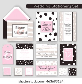 Wedding invitations set. Save the date, RSVP, Thank you card, Menu template, Details, Gift tag, Table number. Hipster creative graphic design, modern style with real ink textures. Vector illustration