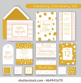 Wedding invitations set. Save the date, RSVP, Thank you card, Menu template, Details, Gift tag, Table number. Hipster creative graphic design, modern style with real ink textures. Vector illustration