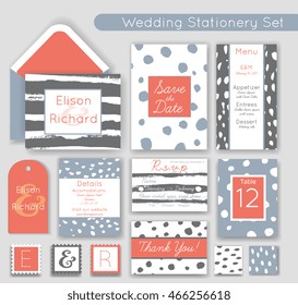 Wedding invitations set. Save the date, RSVP, Thank you card, Menu template, Details, Gift tag, Table number. Hipster creative graphic design, modern style with real ink textures. Vector illustration