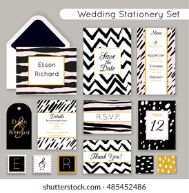 Wedding invitations set. Save the date, RSVP, Thank you card, Menu template, Details, Gift tag, Table number. Hipster creative graphic design, modern style with real ink textures. Vector illustration