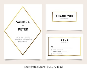 Wedding Invitations set ,Thank you card, RSVP design with gold geometric shape