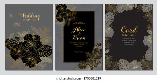 Wedding invitations set with tropical flowers. Save the date, invitation, birthday cards. Black and gold line art design. Vector illustration.