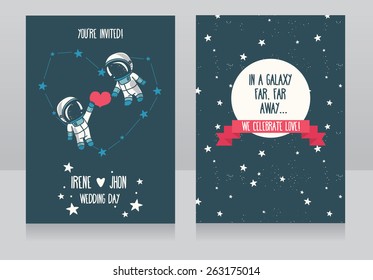 wedding invitations with stars and cute astronauts, "in a galaxy far, far away..." wedding, vector illustration