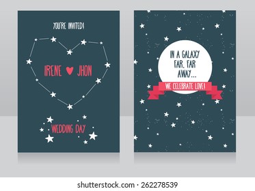 wedding invitations with stars, "in a galaxy far, far away..." wedding, vector illustration