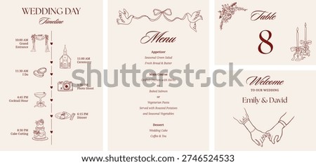 Wedding Invitations and stationary set. Hand drawn whimsical Mediterranean, Italy and France inspired illustrations. Wedding timeline and table number elegant romantic design. Vector illustrations