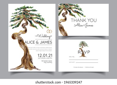 invitaciones de boda con el tema de bonsai, árboles viejos