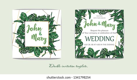 Wedding invitations in tropical style. Decorated with gold lines and white background. Cards for celebration. The design is editable. Tropical plant.