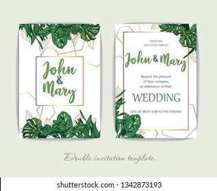 Wedding invitations in tropical style. Decorated with gold lines and white background. Cards for celebration. The design is editable. Tropical plant.