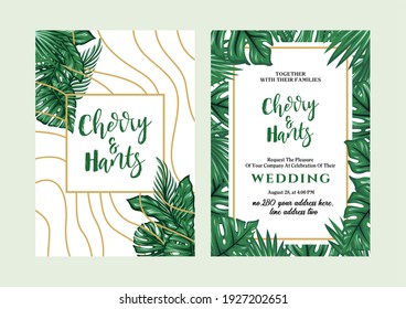 Wedding invitations in tropical style. Decorated with gold lines and white background. Cards for celebration. The design is editable. Tropical plant. - Vector