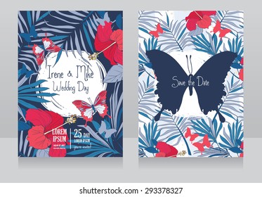 wedding invitations in tropical style with hibiscus flowers and butterflies, vector illustration