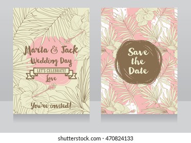 wedding invitations in tropical style, vector illustration