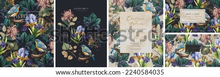 Wedding invitations. Vector illustrations of flower, plant, floral pattern, leaves, bird, iris for greeting card, flyer or frame