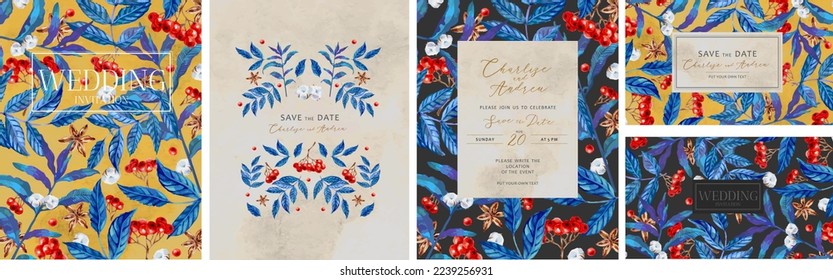 Invitaciones de boda. Ilustraciones vectoriales de ornamento, planta, patrón floral, hojas, bayas, algodón para tarjeta de saludo, volante o marco