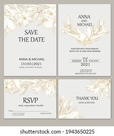 Wedding invitations. Vector invitation cards with golden plants on a gray background. Plants in the style of line art.