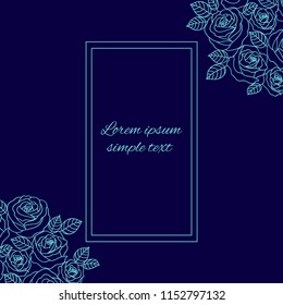Wedding invitations with vector pale blue outline roses wreath and rectangular frame on the navy blue background. Floral design for greeting card, copy space