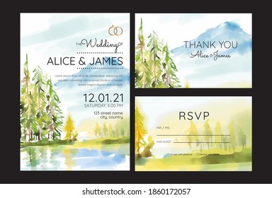 wedding invitations, watercolor mountains, forest and rivers.