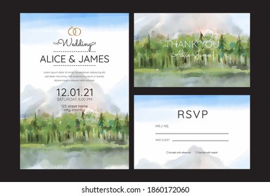 wedding invitations, watercolor mountains, forest and rivers.