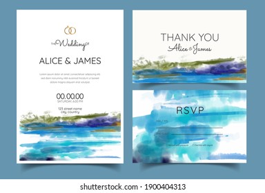 wedding invitations, watercolor mountains, forest and rivers.