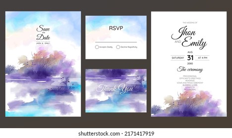 wedding invitations, watercolor mountains, forest and rivers.	
