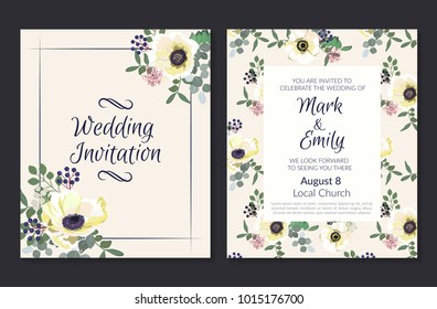 Wedding Invitations with white anemone flowers. Invitation cards in light pink theme. Vector illustration.