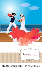 Wedding invitations with a young couple in love dancing flamenco aboard an ocean ship.