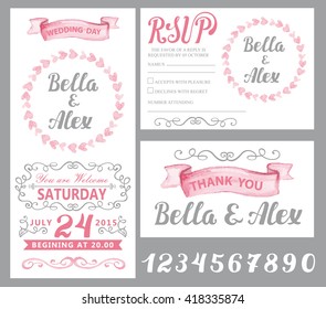 Wedding Invitation.Save The Date card with Watercolor stein,swirl decor.Vintage   Vector Handwritten lettering,numbers,hearts.Illustration,calligraphy Background.Wedding decor.RSVP,Thank you Template