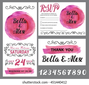 Wedding Invitation.Save The Date card with Watercolor stein,swirl decor.Vintage   Vector Handwritten lettering,numbers.Illustration,calligraphy Background.Wedding decor.RSVP,Thank you Template