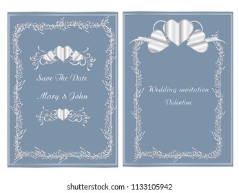 Wedding invitation.save the date cards. silver color floral and heart Vector platinum design.Vector illustration EPS 10 
