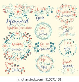 Wedding Invitation.Save Date.I Love You.Getting Married.Bride. Groom.Mr. and Mrs. Insignias logotypes, badges, stickers, stamps, icons, frames, card design set. Doodle vector vintage elements.