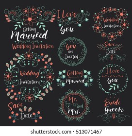 Wedding Invitation.Save Date.I Love You.Getting Married.Bride. Groom.Mr. and Mrs. Insignias logotypes, badges, stickers, stamps, icons, frames, card design set. Doodle vector vintage elements.