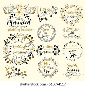 Wedding Invitation.Save Date.I Love You.Getting Married.Bride. Groom.Mr. and Mrs. Insignias logotypes, badges, stickers, stamps, icons, frames, card design set. Doodle vector vintage elements.