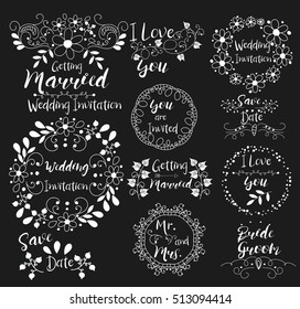 Wedding Invitation.Save Date.I Love You.Getting Married.Bride. Groom.Mr. and Mrs. Insignias logotypes, badges, stickers, stamps, icons, frames, card design set. Doodle vector vintage elements.