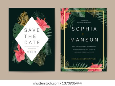 Wedding invitation,Thank You Card, rsvp, posters design collection with marble texture background,Geometric Shape,Gold and Tropical Leaves design - Vector