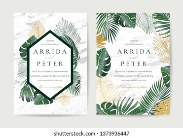 Wedding invitation,Thank You Card, rsvp, posters design collection with marble texture background,Geometric Shape,Gold and Tropical Leaves design - Vector