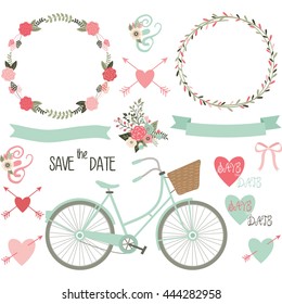 Wedding Invitation.Weeding Bicycle,Banner,laurel ,Wreath,Save The Date.