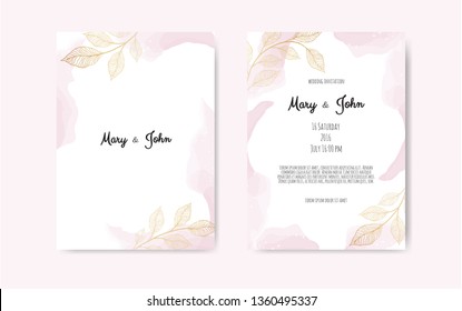 Wedding invite with abstract watercolor style decoration in light tender dusty blue color on white background.