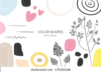 Wedding invite background. Set of watercolor shapes. Color splashing and floral hand drawn vectors. Abstract Shapes and print graphics. Vector hand drawn shapes.