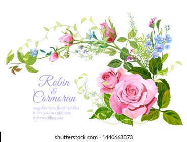 Wedding invite with bouquet of pink roses, forget-me-nots flowers, buds, leaves, asparagus twigs. Horizontal card on white background. Botanical illustration in watercolor style, vintage, vector, A4