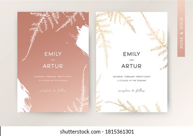 Wedding invite card floral design. Rose gold color asparagus fern leaves botanical print with hand drawn brush stroke pattern. Tender modern metallic foil style set. Delicate greeting, poster template