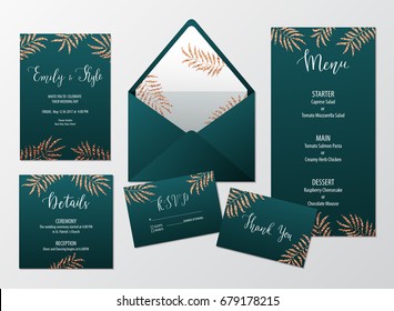 Wedding Invite Design Set With Copper Tropical Leaves Including Invitation, Menu, RSVP, Thank You And Details Card. 