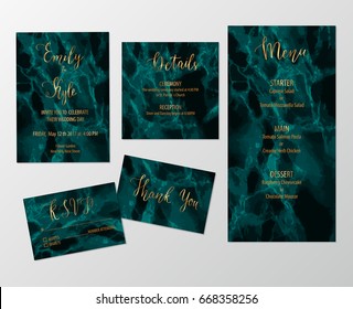 Wedding invite design set with green marble and gold including invitation, menu, RSVP, thank you and details card. 