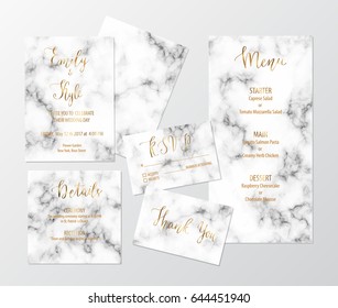 Wedding Invite Design Set With Marble Texture And Gold Including Invitation, Menu, RSVP, Thank You And Details Card. 