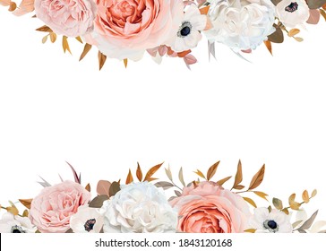 Invitación a la boda, tarjeta de saludo floral, diseño de espacio de copia de banner. Melocotón elegante, flor rosa rosa rosa, anémona blanca marfil, hojas de eucalipto marrón, rojo anaranjado ramo corona elegante borde de arte, marco